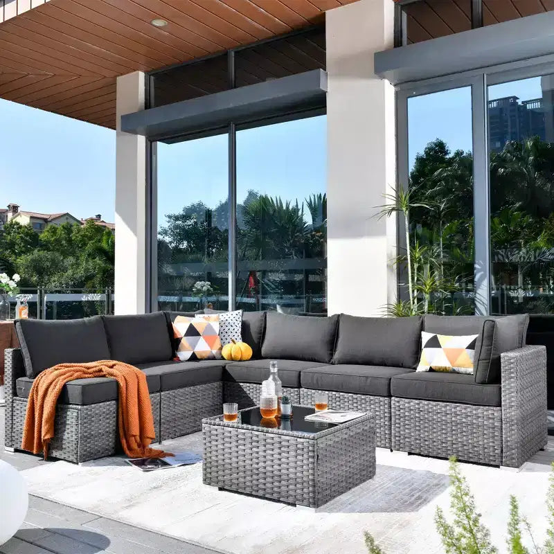 Venice 7pc Wicker Outdoor Patio Furniture Set Conversation Sofa Sectional with a Table and Cushions