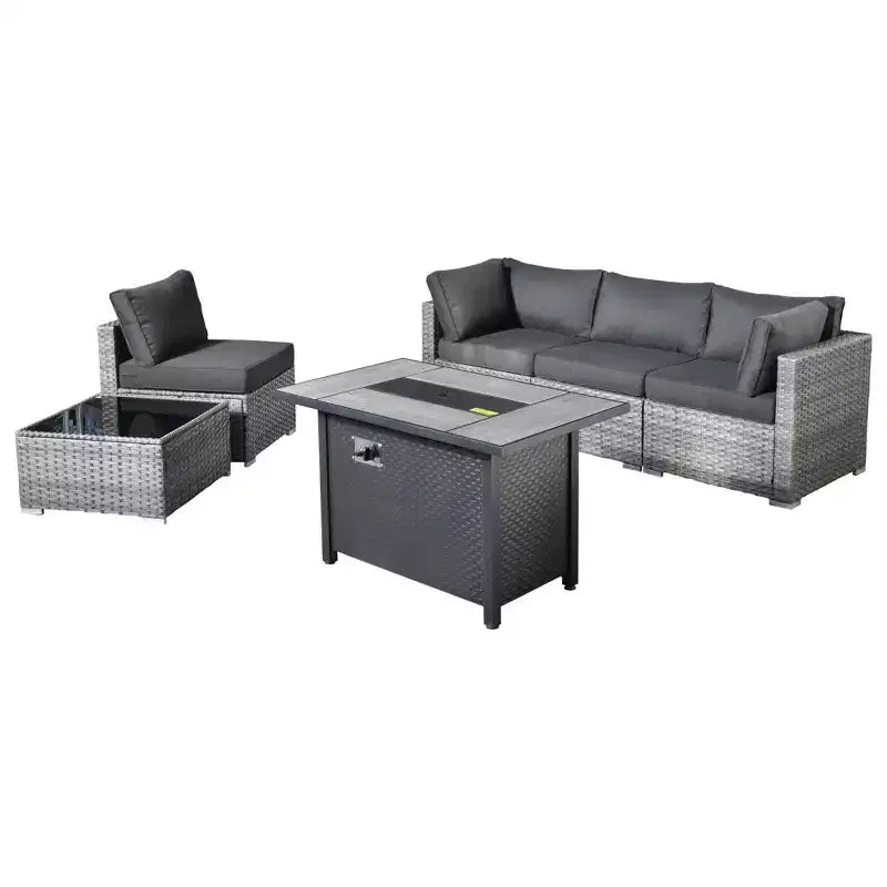 Ensemble de mobilier de patio en osier 6 pièces Venise, canapé de conversation avec foyer en métal et coussins