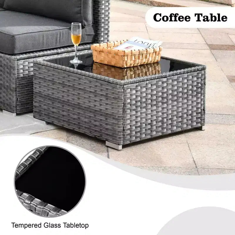 Ensemble de mobilier de patio en osier 6 pièces Venise, canapé de conversation avec foyer en métal et coussins
