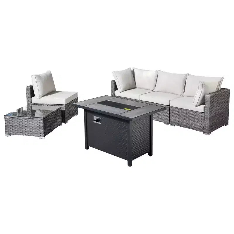 Ensemble de mobilier de patio en osier 6 pièces Venise, canapé de conversation avec foyer en métal et coussins
