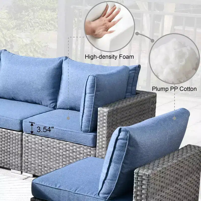 Ensemble de mobilier de patio en osier 6 pièces Venise, canapé de conversation avec foyer en métal et coussins