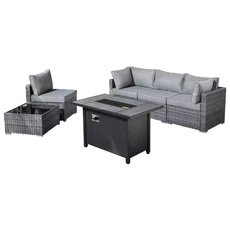 Ensemble de mobilier de patio en osier 6 pièces Venise, canapé de conversation avec foyer en métal et coussins