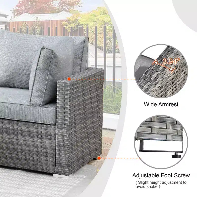 Ensemble de mobilier de patio en osier 6 pièces Venise, canapé de conversation avec foyer en métal et coussins