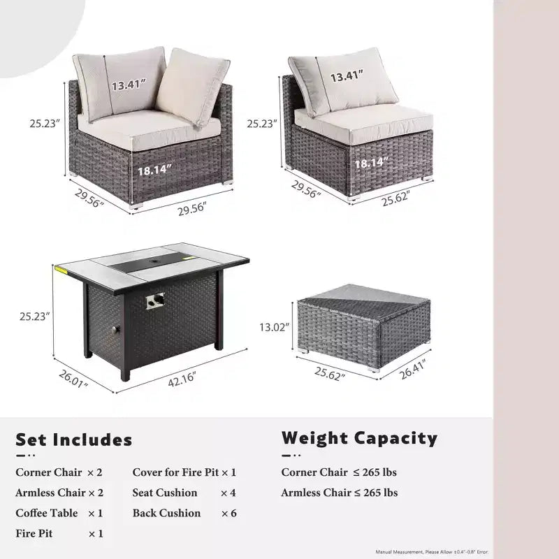 Ensemble de mobilier de patio en osier 6 pièces Venise, canapé de conversation avec foyer en métal et coussins