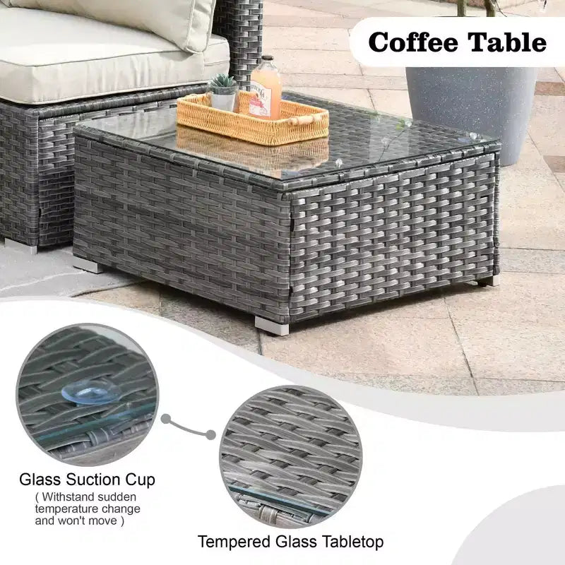 Ensemble de mobilier de patio en osier 6 pièces Venise, canapé de conversation avec foyer en métal et coussins