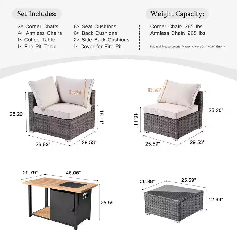 Ensemble de meubles de patio extérieur en osier 8 pièces Ovios Venice avec canapé conversationnel, foyer de rangement et coussins