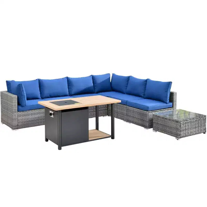 Ensemble de meubles de patio extérieur en osier 8 pièces Ovios Venice avec canapé conversationnel, foyer de rangement et coussins