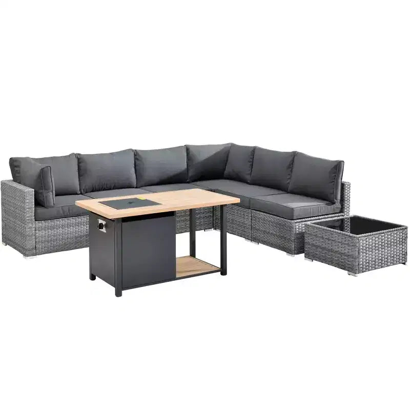 Ensemble de meubles de patio extérieur en osier 8 pièces Ovios Venice avec canapé conversationnel, foyer de rangement et coussins
