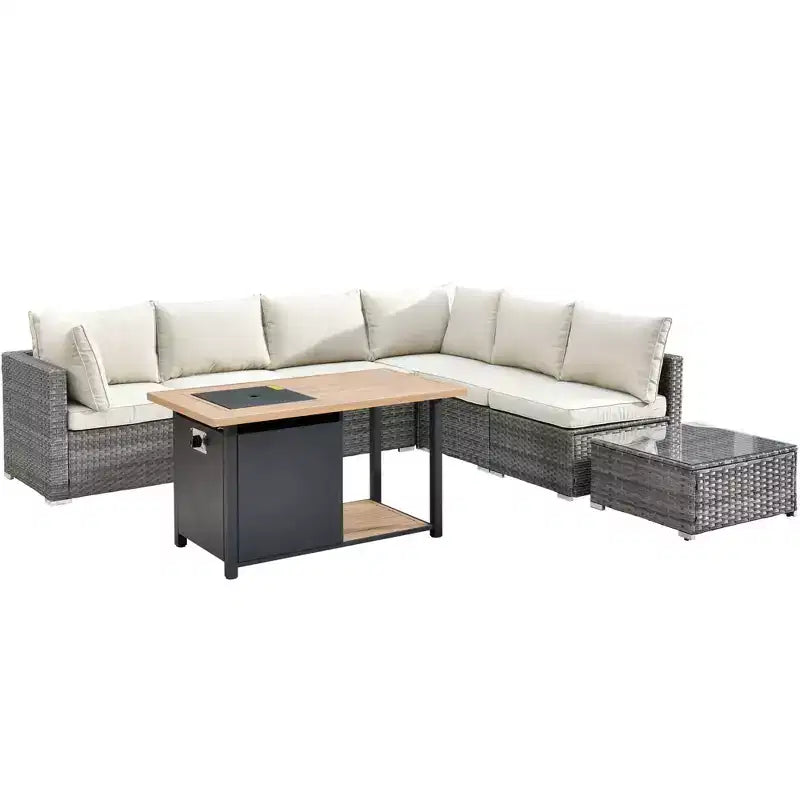 Ensemble de meubles de patio extérieur en osier 8 pièces Ovios Venice avec canapé conversationnel, foyer de rangement et coussins