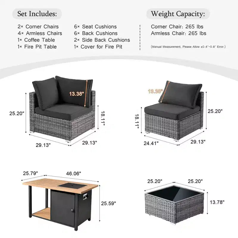 Ensemble de meubles de patio extérieur en osier 8 pièces Ovios Venice avec canapé conversationnel, foyer de rangement et coussins