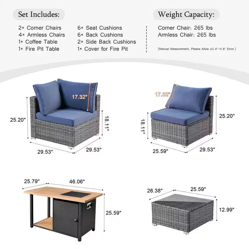 Ensemble de meubles de patio extérieur en osier 8 pièces Ovios Venice avec canapé conversationnel, foyer de rangement et coussins