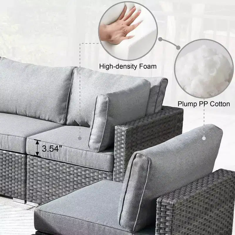 Ensemble de meubles de patio extérieur en osier 8 pièces Ovios Venice avec canapé conversationnel, foyer de rangement et coussins