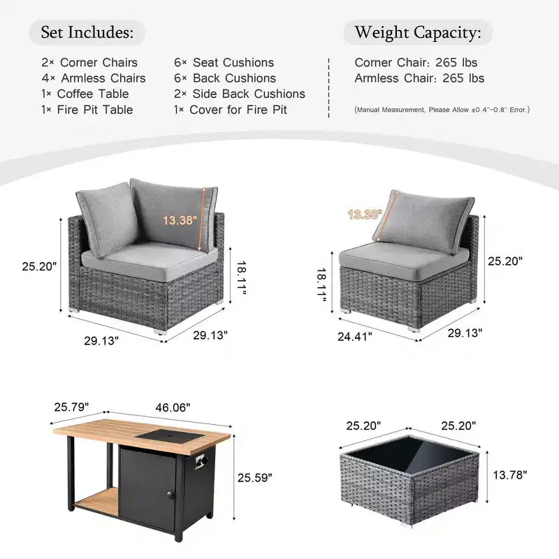 Ensemble de meubles de patio extérieur en osier 8 pièces Ovios Venice avec canapé conversationnel, foyer de rangement et coussins