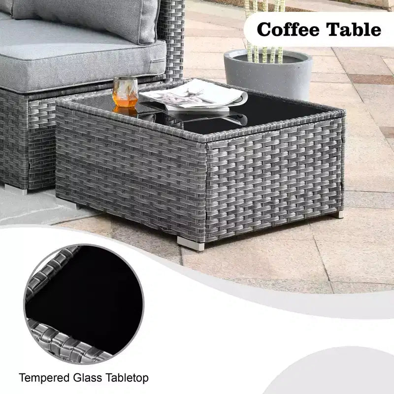 Ensemble de meubles de patio extérieur en osier 8 pièces Ovios Venice avec canapé conversationnel, foyer de rangement et coussins