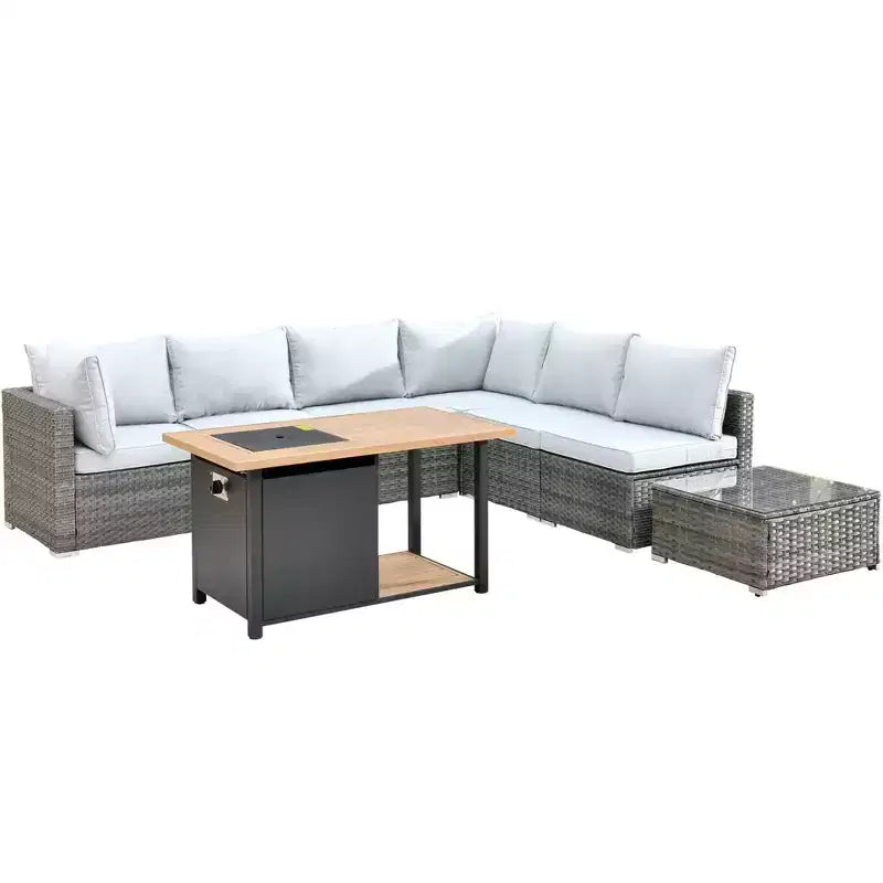 Ensemble de meubles de patio extérieur en osier 8 pièces Ovios Venice avec canapé conversationnel, foyer de rangement et coussins