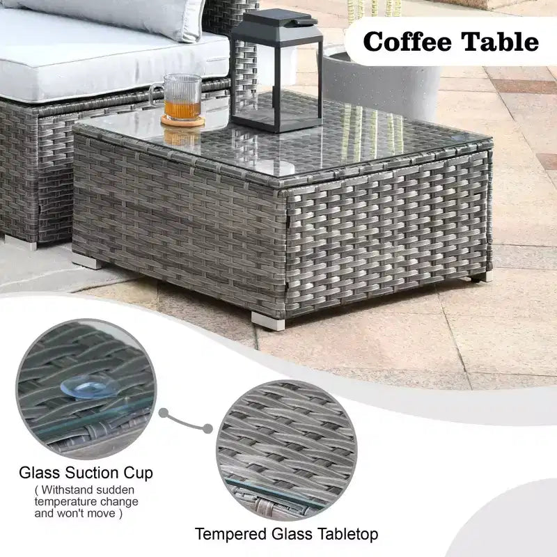 Ensemble de meubles de patio extérieur en osier 8 pièces Ovios Venice avec canapé conversationnel, foyer de rangement et coussins