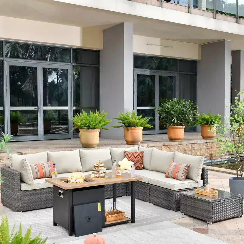 Ovios Venice 8pc Wicker Outdoor Patio Furniture Set Conversation Sofa with a Storage Fire Pit and Cushions