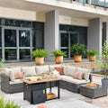 Ovios Venice 8pc Wicker Outdoor Patio Furniture Set Conversation Sofa with a Storage Fire Pit and Cushions
