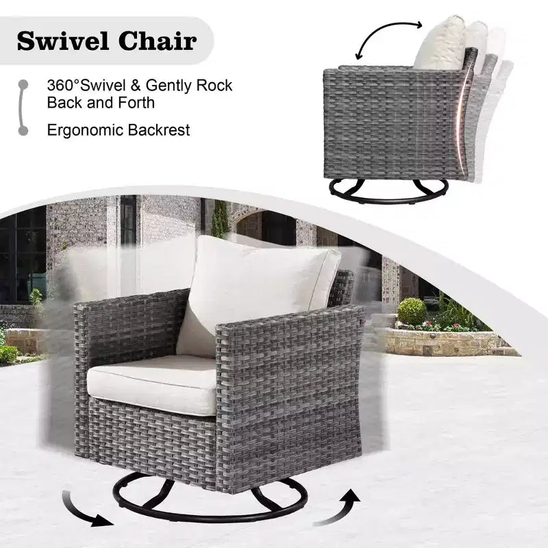 Ensemble de meubles de patio d'extérieur en osier Ovios Venice 9 pièces avec foyer en métal, fauteuils pivotants et coussins