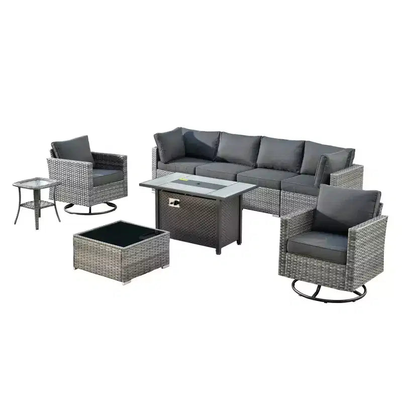 Ensemble de meubles de patio d'extérieur en osier Ovios Venice 9 pièces avec foyer en métal, fauteuils pivotants et coussins