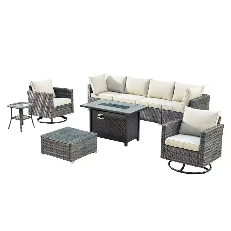 Ensemble de meubles de patio d'extérieur en osier Ovios Venice 9 pièces avec foyer en métal, fauteuils pivotants et coussins