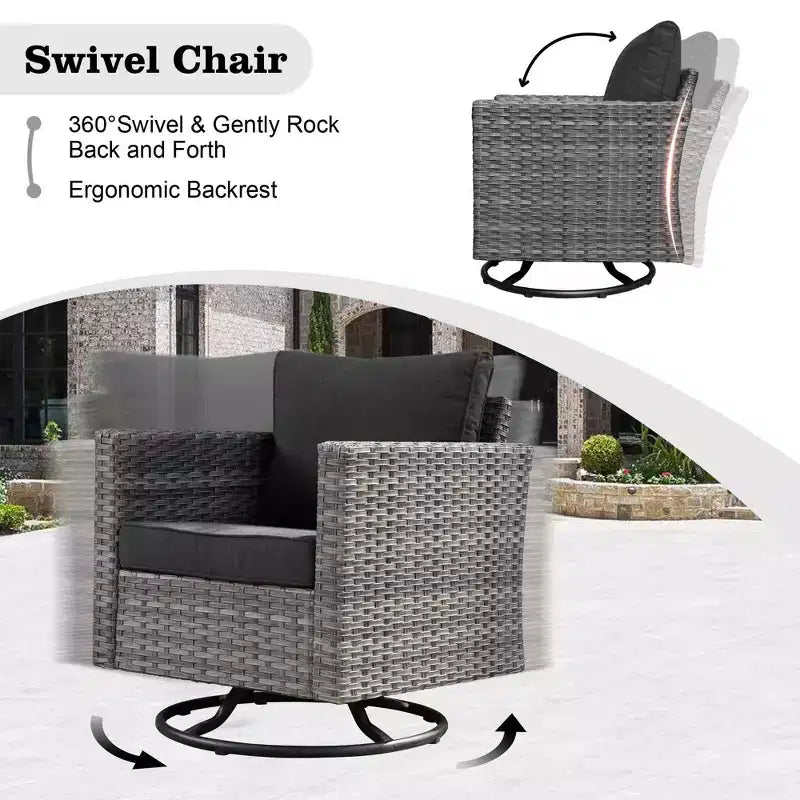 Ensemble de meubles de patio d'extérieur en osier Ovios Venice 9 pièces avec foyer en métal, fauteuils pivotants et coussins