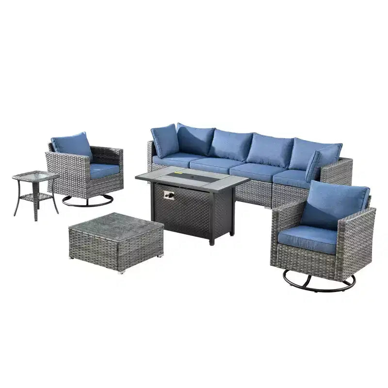 Ensemble de meubles de patio d'extérieur en osier Ovios Venice 9 pièces avec foyer en métal, fauteuils pivotants et coussins