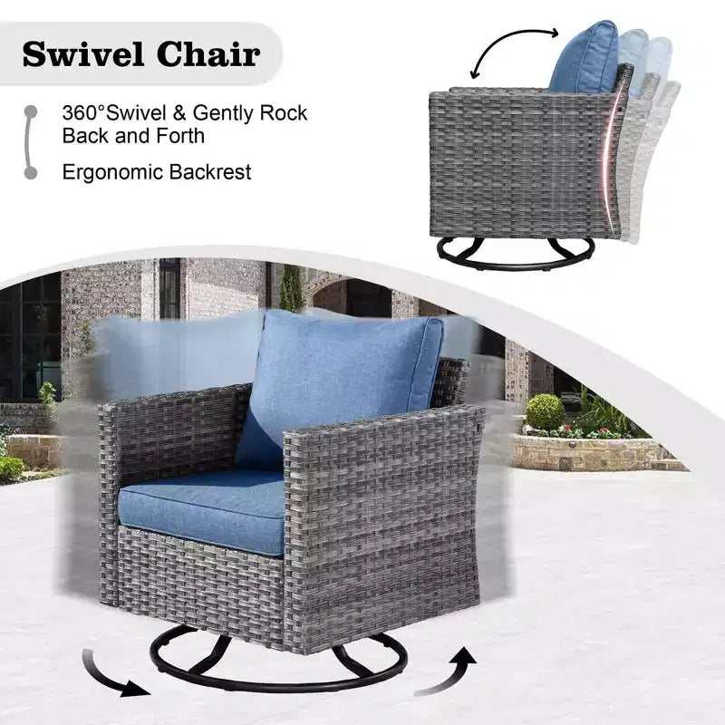 Ensemble de meubles de patio d'extérieur en osier Ovios Venice 9 pièces avec foyer en métal, fauteuils pivotants et coussins