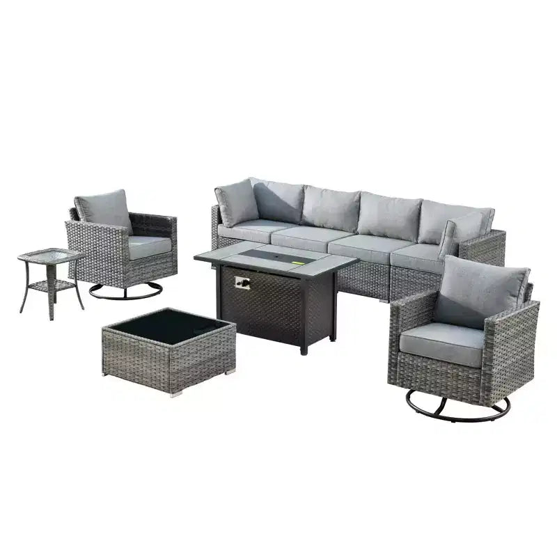 Ensemble de meubles de patio d'extérieur en osier Ovios Venice 9 pièces avec foyer en métal, fauteuils pivotants et coussins