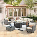 Ovios Venice 9pc Wicker Outdoor Patio Furniture Set Conversation Sofa with a Metal Fire Pit, Swivel Chairs and Cushions