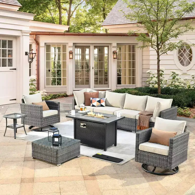 Ovios Venice 9pc Wicker Outdoor Patio Furniture Set Conversation Sofa with a Metal Fire Pit, Swivel Chairs and Cushions