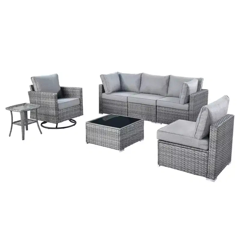 Ovios Venise Salon de jardin 7 pièces en osier avec sectionnel de canapé de conversation, chaise pivotante et coussins