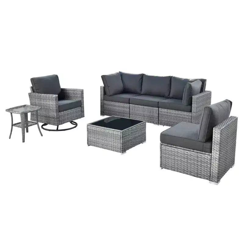 Ovios Venise Salon de jardin 7 pièces en osier avec sectionnel de canapé de conversation, chaise pivotante et coussins