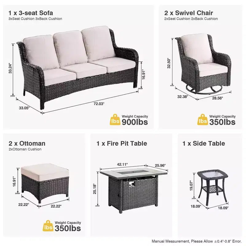 Ensemble de conversation de 7 meubles de patio Ovios Orlando en osier marron avec foyer rectangulaire, fauteuils pivotants et coussins