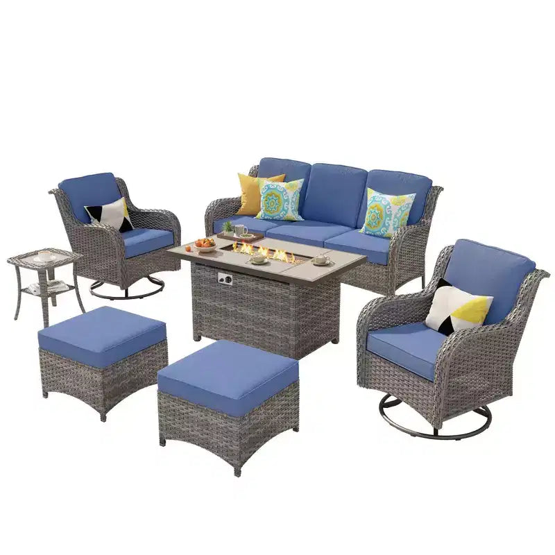 Ensemble de conversation de 7 meubles de patio Ovios Orlando en osier marron avec foyer rectangulaire, fauteuils pivotants et coussins