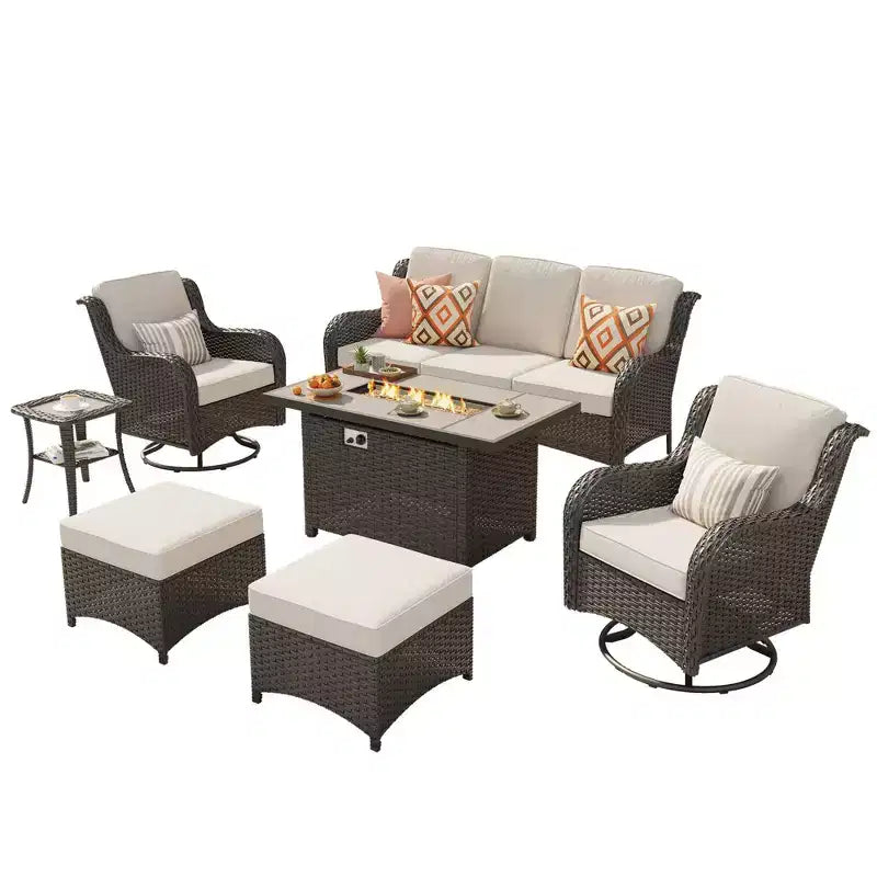 Ensemble de conversation de 7 meubles de patio Ovios Orlando en osier marron avec foyer rectangulaire, fauteuils pivotants et coussins