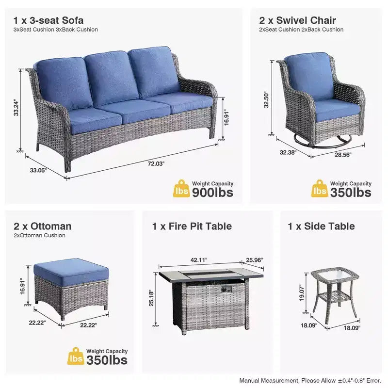 Ensemble de conversation de 7 meubles de patio Ovios Orlando en osier marron avec foyer rectangulaire, fauteuils pivotants et coussins