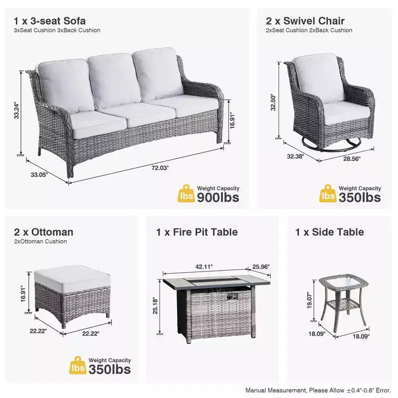 Ensemble de conversation de 7 meubles de patio Ovios Orlando en osier marron avec foyer rectangulaire, fauteuils pivotants et coussins