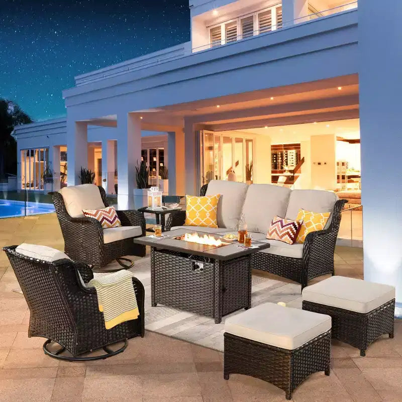 Ovios Orlando 7pc Brown Wicker Outdoor Patio Furniture Conversation Sofa Set with a Rectangle Fire Pit, Swivel Chairs and Cushions