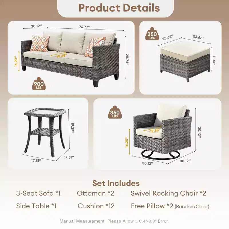 Ovios Tampa Ensemble de conversation de 6 meubles de patio extérieur en osier avec canapé et fauteuils pivotants et coussins