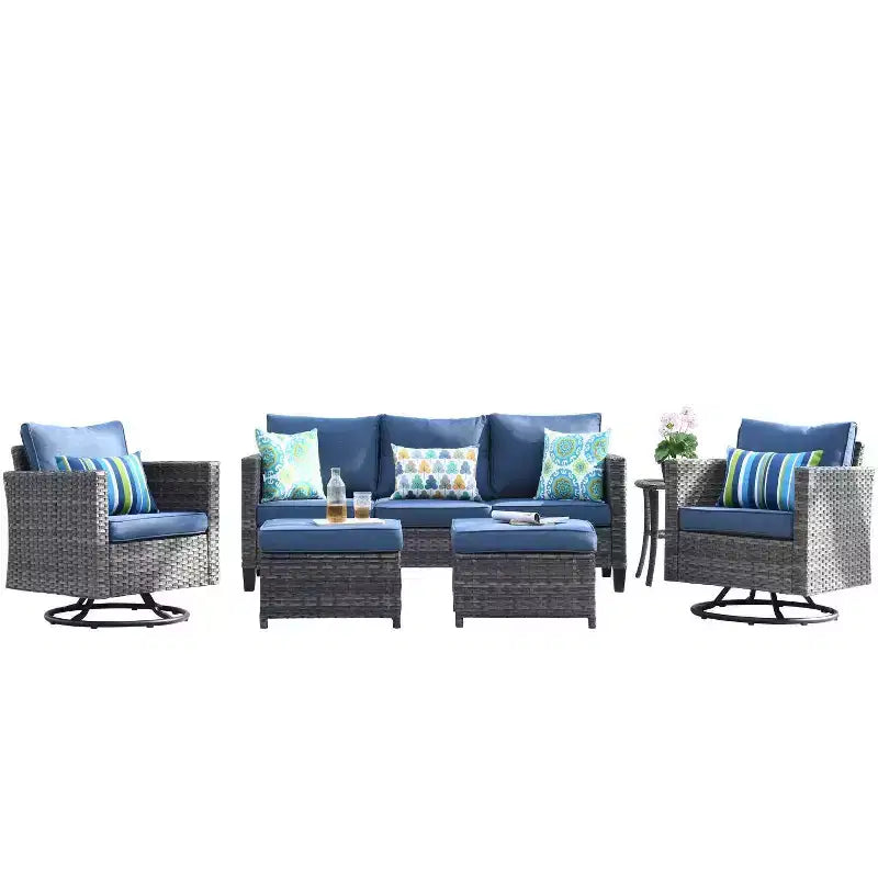 Ovios Tampa Ensemble de conversation de 6 meubles de patio extérieur en osier avec canapé et fauteuils pivotants et coussins