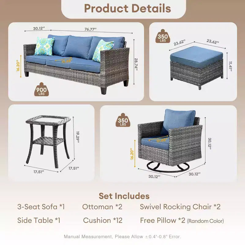 Ovios Tampa Ensemble de conversation de 6 meubles de patio extérieur en osier avec canapé et fauteuils pivotants et coussins