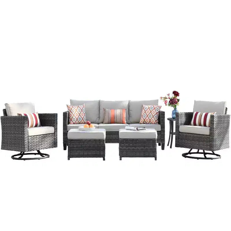 Ovios Tampa Ensemble de conversation de 6 meubles de patio extérieur en osier avec canapé et fauteuils pivotants et coussins