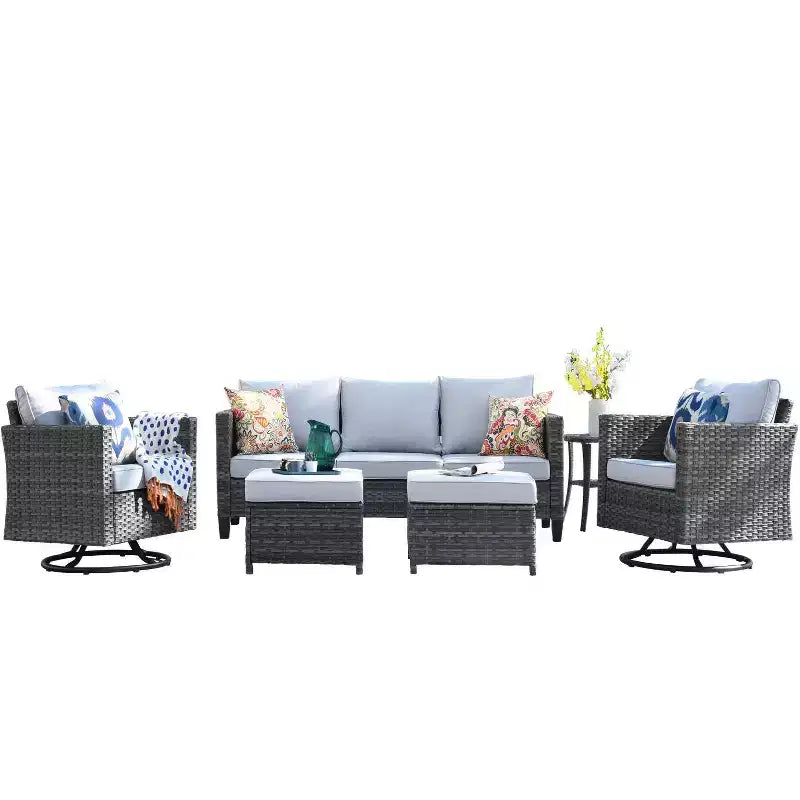Ovios Tampa Ensemble de conversation de 6 meubles de patio extérieur en osier avec canapé et fauteuils pivotants et coussins