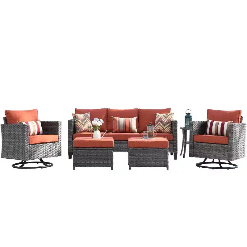 Ovios Tampa Ensemble de conversation de 6 meubles de patio extérieur en osier avec canapé et fauteuils pivotants et coussins