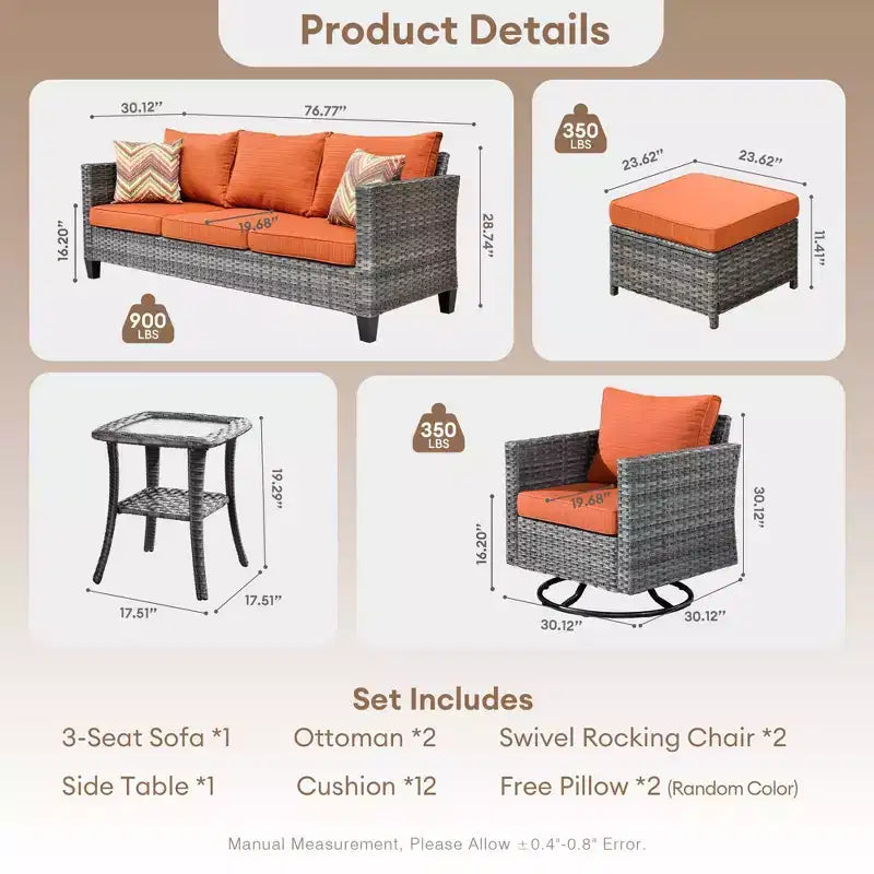 Ovios Tampa Ensemble de conversation de 6 meubles de patio extérieur en osier avec canapé et fauteuils pivotants et coussins