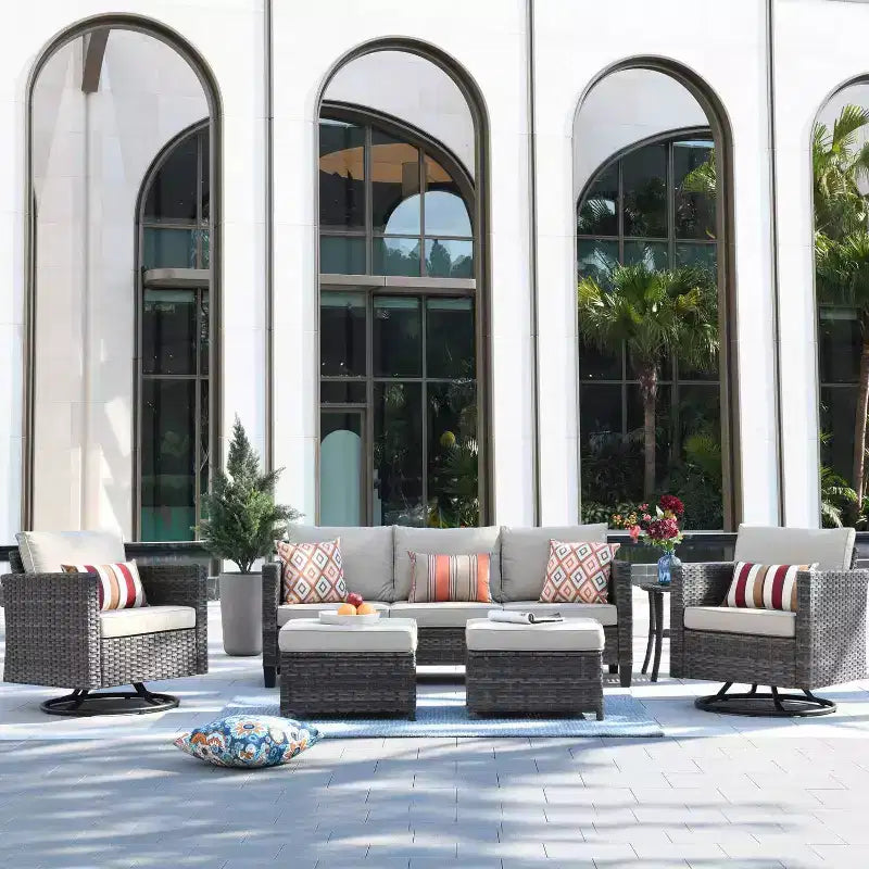 Ovios Tampa 6pc Wicker Outdoor Patio Furniture Conversation Sofa Set with Swivel Chairs and Cushions