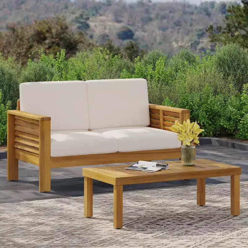 Christopher Knight Home Louver Ensemble deux pièces causeuse et table basse d'extérieur en acacia avec coussins