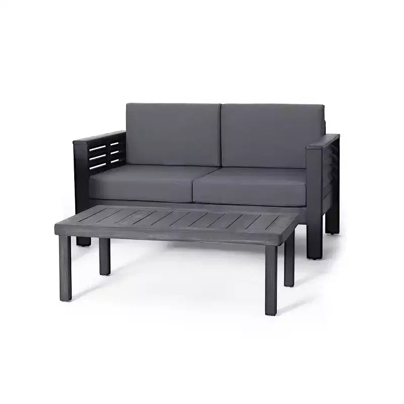 Christopher Knight 2pc Home Louver Outdoor Acacia Loveseat and Coffee Table Set with Cushions